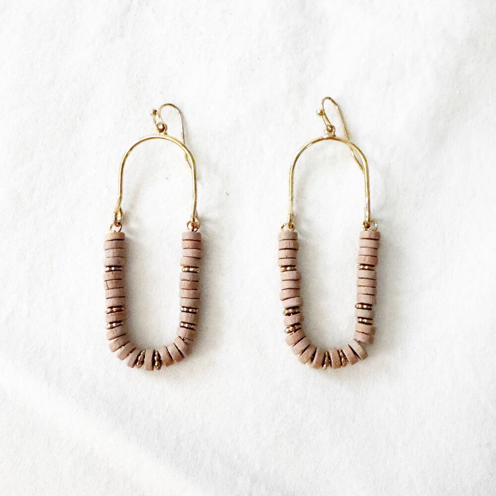 Wooden Disc Beaded Oval Arch Cutout Drop Earrings